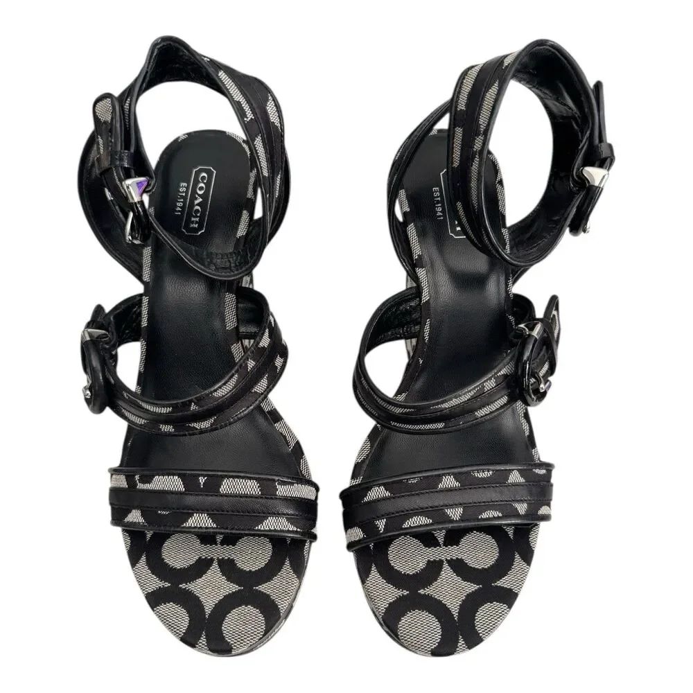Coach Logo Maralee Wedge Jacquard Sandals Women’s 8.5B Black/Gray - Picture 4 of 9